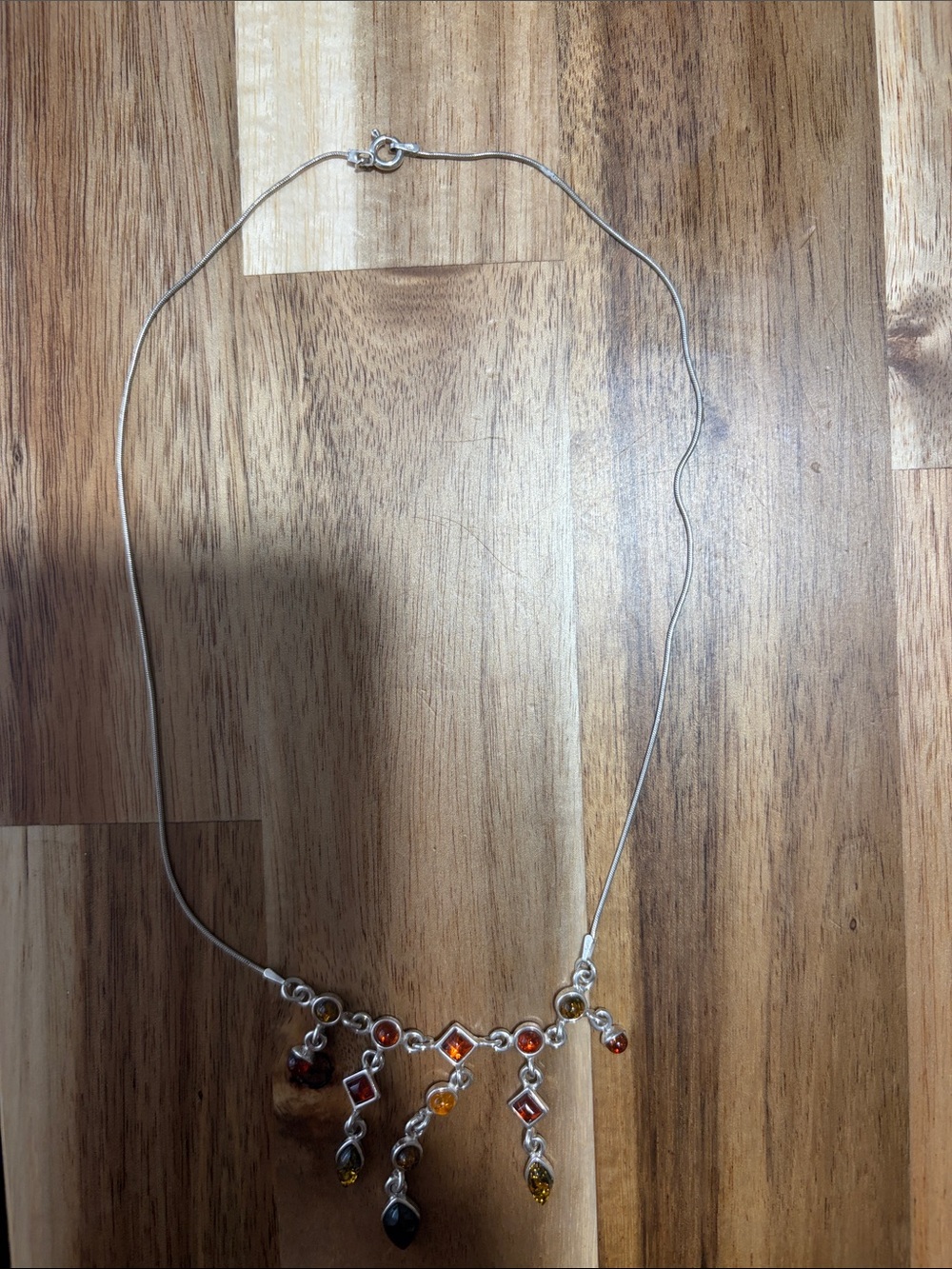 Mexican Silver 925Multi -Gem Fringe Necklace in Orange and brown.